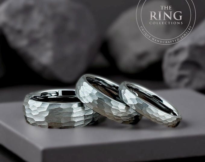 Hammered Tungsten Wedding Band: Silver Gray Ring for Men or Women