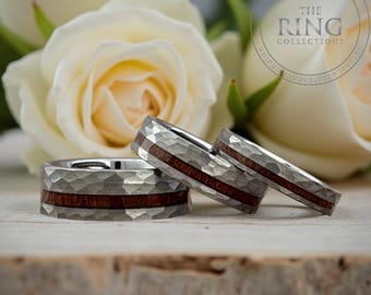 Men Hammered Tungsten Wood Inlay Ring, Women Gray Silver Wedding Band