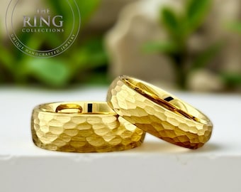 Classic Gold Hammered Tungsten Ring for Men Women Brushed Finish Comfort Fit Gold Ring Engagement Proposal Ring Sizes 4 to 15 8mm 6mm 4mm