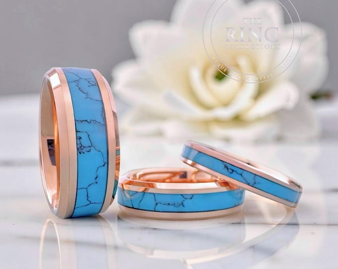 Rose Gold and Turquoise Tungsten Ring Wedding Band for Men Women, Available in 4MM 6MM 8MM, Sizes 4 to 15 (half sizes available).