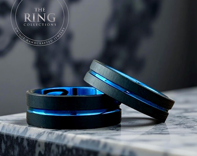 Black Blue Wedding Bands His and Hers Engagement Ring 8mm 6mm Tungsten Ring Set Unique Anniversary Gift