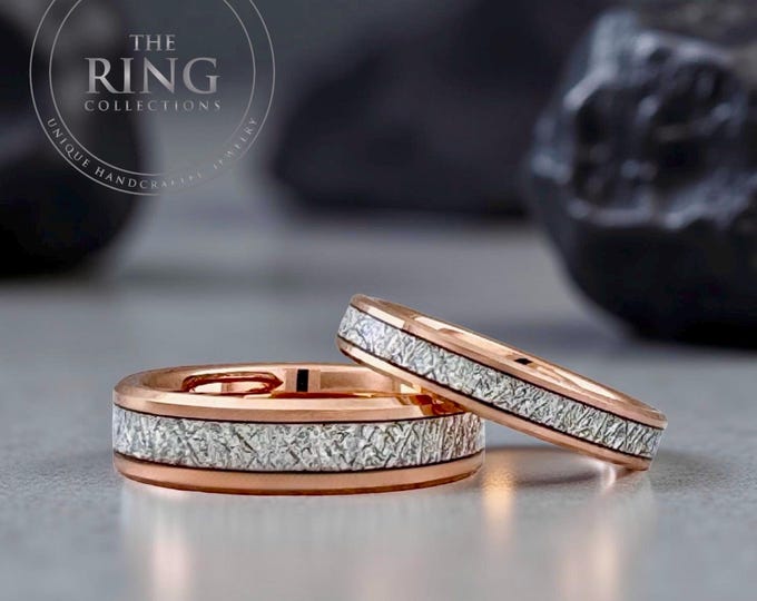 Rose Gold Wedding Bands with Meteorite Inlay Tungsten Ring for Men Women Unique Couples Ring