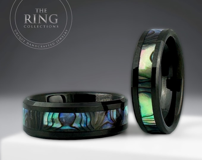 Black Abalone Wedding Band Tungsten Men Women Tungsten Carbide Ring Natural Mother of Pearl Inlay Black Anniversary Ring