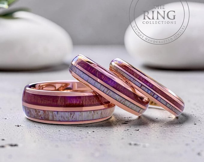 Rose Gold Tungsten Ring Wedding Band with Deer Antler and Koa Wood for Men and Women. Half Sizes available 4 to 15 in 4mm 6mm 8mm.