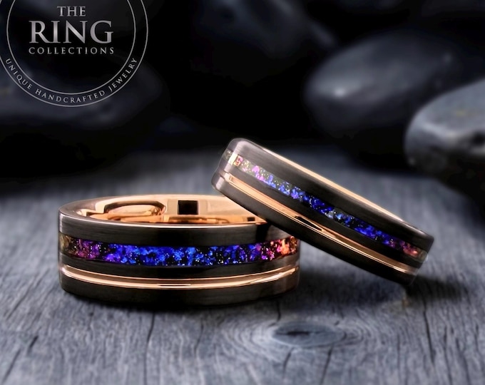 Orion Nebula Galaxy Ring Black Tungsten Wedding Band with Rose Gold Inside Mens Womens Ring Set