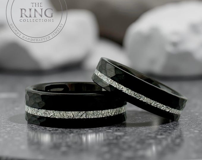 Black Hammered Tungsten Ring: Meteorite Inlay Wedding Band