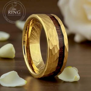 Wedding Band for Men & Women Gold Ring with Wood Inlay Hammered Brushed Finished Tungsten Carbide His Anniversary Gift Her Proposal Ring