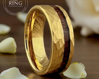 Wedding Band for Men & Women Gold Ring with Wood Inlay Hammered Brushed Finished Tungsten Carbide His Anniversary Gift Her Proposal Ring