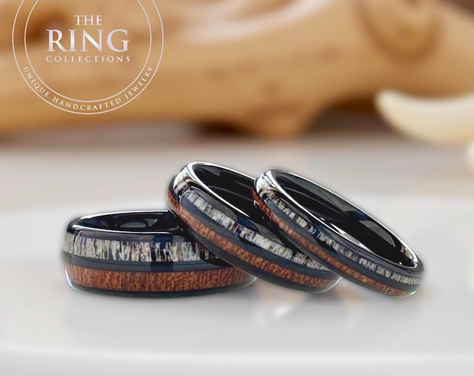Deer Antler Wood Black Wedding Band Men Women, Tungsten Antler Wood Engagement Ring Anniversary Gift
