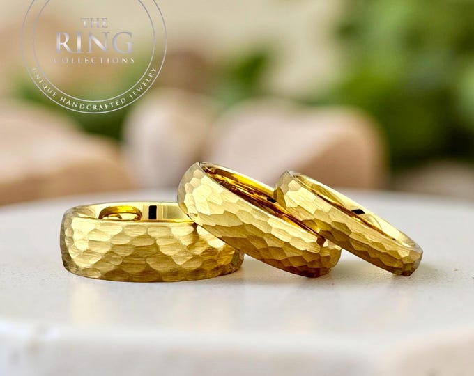 Gold Hammered Ring for Men Women, Gold Tungsten Band Men, Gold Wedding Band for Men Women, Anniversary Gift Engagement Ring 4MM 6MM 8MM