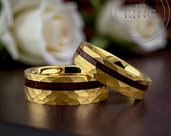 Hammered Gold Tungsten Ring with Wood Inlay - Comfort Fit Wedding Band