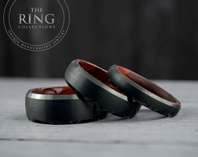 Black Tungsten Ring and Wood Inside, Black Ring Wedding Band for Men Women, Black Obsidian Tungsten and Wood Wedding Band for Him or Her