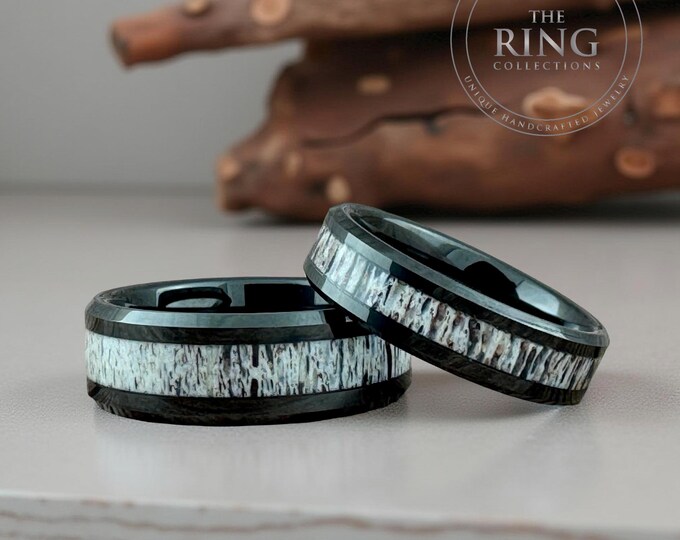 Black Tungsten Wedding Ring with Deer Antler Inlay Comfort Fit Men Women Anniversary Band Beveled