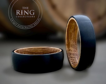 Whiskey Barrel Wood Ring Black Brushed Tungsten Ring Men Women Wedding Band Unique Wooden Promise Ring His Hers Engagement Ring