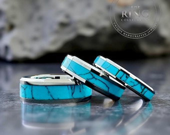 Silver Wedding Band Men Women Turquoise Tungsten Ring Silver Color High Polished Finish 4MM 6MM 8MM Width Blue Aqua Color Anniversary Ring