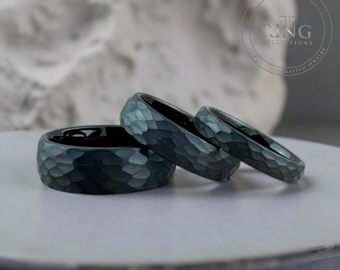 Men Black Hammered Tungsten Wedding Band Women Black Obsidian Hammered Ring Domed Brushed Finish 8MM 6MM 4MM Anniversary Gift