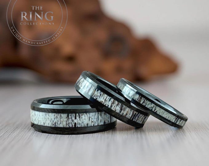 Black Tungsten Deer Antler Wedding Band Ring for Men Women, Black Ring for Men, Deer Antler Wedding Band Ring, Black Wedding Band Men Women