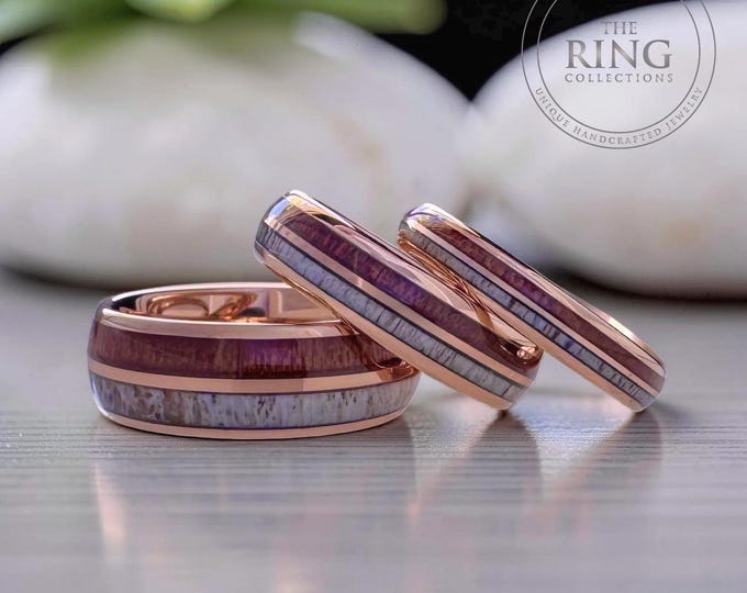 Rose Gold Tungsten Ring Wedding Band with Deer Antler and Koa Wood for Men and Women. Half Sizes available 4 to 15 in 4mm 6mm 8mm.