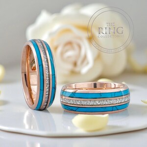 8mm 6mm Rose Gold Turquoise Meteorite Wedding Band for Men Woman His Hers Couple Ring Set Anniversary Engagement Tungsten Ring