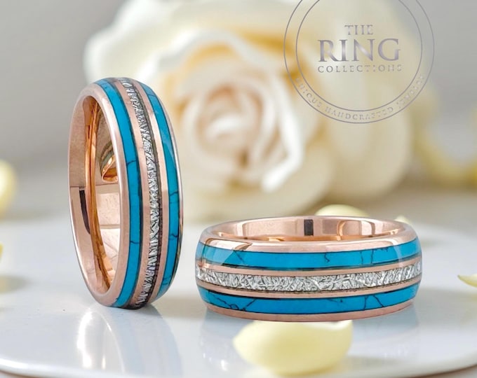 Rose Gold Turquoise and Meteorite Tungsten Ring Wedding Band for Men Woman. 8mm and/or 6mm in Sizes 5 to 15, half sizes available