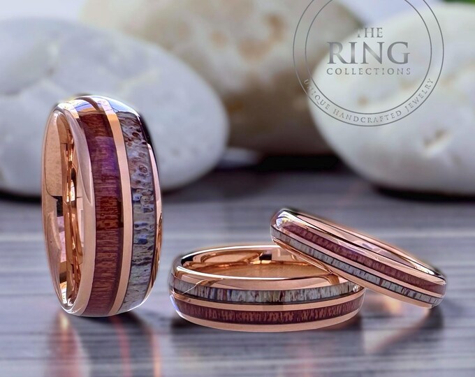 Rose Gold Tungsten Ring Wedding Band with Deer Antler and Koa Wood for Men and Women. Half Sizes available 4 to 15 in 4mm 6mm 8mm.