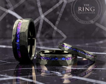 Nebula Alexandrite Inlay Ring, Hammered Black Tungsten Band, Orion Nebula Color‑Shift Cosmic Wedding Ring, Men Women Anniversary Gift