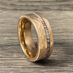 Rose Gold Hammered Tungsten Ring Wedding Band, Deer Antler Ring for Men Women, Size 5 to 15, Hammered Tungsten Ring, Antler Ring for His Her