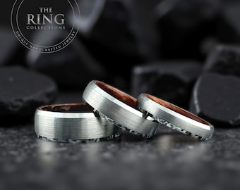 Silver Grey Tungsten Ring, Wood Inlay Wedding Band for Men or Women