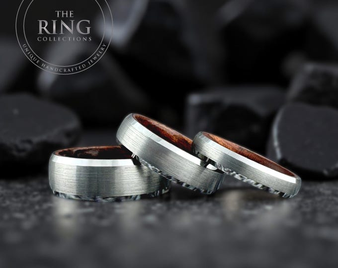 Silver Grey Tungsten Ring, Wood Inlay Wedding Band for Men or Women