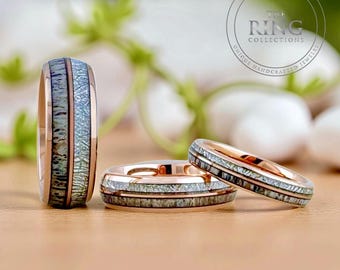 Meteorite Deer Antler Rose Gold Wedding Band Men Women, Rose Gold Tungsten Ring, Couples Ring