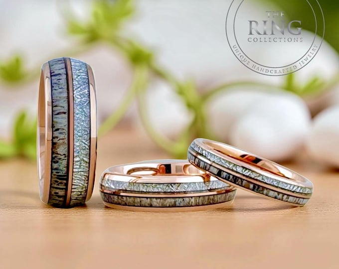 Meteorite Deer Antler Rose Gold Wedding Band Men Women, Rose Gold Tungsten Ring, Couples Ring