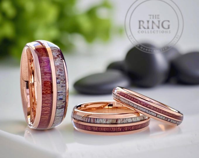 Rose Gold Tungsten Ring Wedding Band with Deer Antler and Koa Wood for Men and Women. Half Sizes available 4 to 15 in 4mm 6mm 8mm.