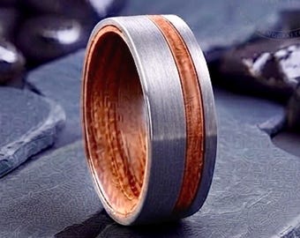 Mens Luxury Grey Tungsten Ring with Wood Inlay, 8mm Anniversary Wedding Band Rosewood 8MM Comfort Fit