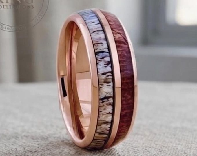Rose Gold Tungsten Ring Wedding Band with Deer Antler and Koa Wood for Men and Women. Half Sizes available 4 to 15 in 4mm 6mm 8mm.