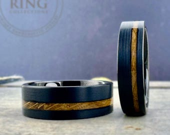 Black Tungsten Ring with Whiskey Barrel Wood Inlay Men Women Wedding Band Unique Male Engagement Ring 8mm 6mm