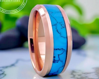 Turquoise Ring for Women or Men Rose Gold Wedding Band Tungsten Polished Ring Husband Anniversary Ring Fiancé Engagement Ring 8mm 6mm 4mm
