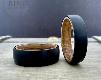 Whiskey Barrel Wood Ring Black Brushed Tungsten Ring Men Women Wedding Band Unique Wooden Promise Ring His Hers Engagement Ring