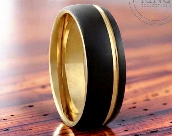 Black Tungsten Ring, Yellow Gold Groove, Brushed Finish Wedding Band