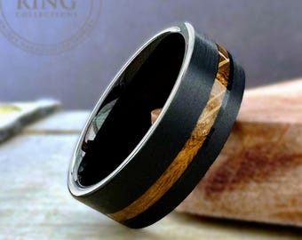 Whiskey Barrel Ring, Black Ring for Men, Wood Whisky Barrel Wedding Band, Black Whiskey Barrel Band for Men Women, Mens Whiskey Barrel Ring