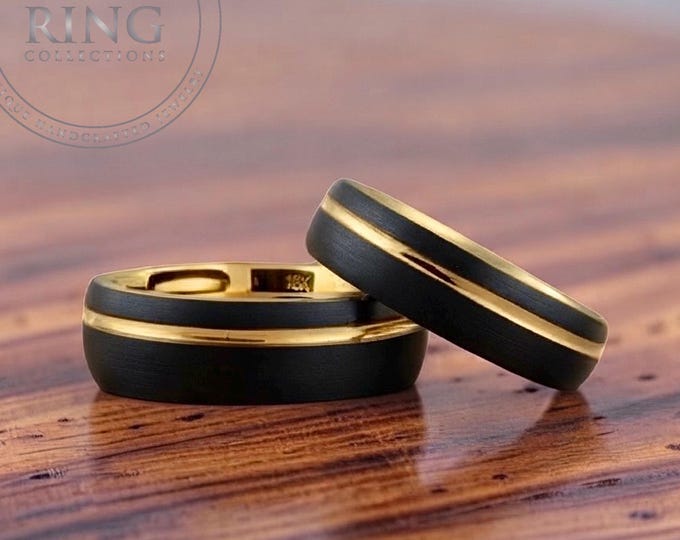 Black Tungsten Carbide Ring Wedding Band with Gold Groove and Inside for Men or Women, Domed and Matte Brushed Surface, Half Sizes Available
