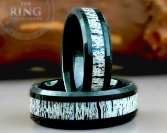 Deer Antler Wedding Band Black Comfort Fit Tungsten Rings Men Women Couples Matching Bands