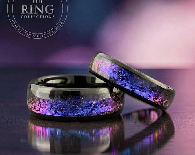 Nebula Alexandrite Inlay Ring, Men Black Tungsten Band, Orion Nebula Color‑Shift Cosmic Wedding Ring, Women Anniversary Gift 8mm 6mm