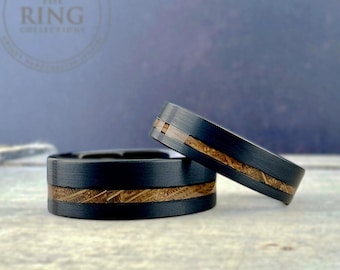 Whiskey Barrel Wood Black Tungsten Ring for Men Women Unique Wedding Band Set 8mm 6mm Comfort-Fit Ring