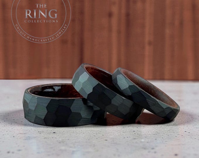 Black Hammered Tungsten Carbide Ring Wedding Band with Rosewood Interior for Men Women, Available in 4mm 6mm 8mm