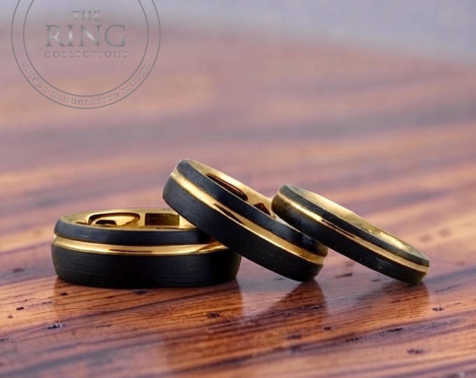 Black Tungsten Carbide Ring Wedding Band with Gold Groove and Inside for Men or Women, Domed and Matte Brushed Surface, Half Sizes Available