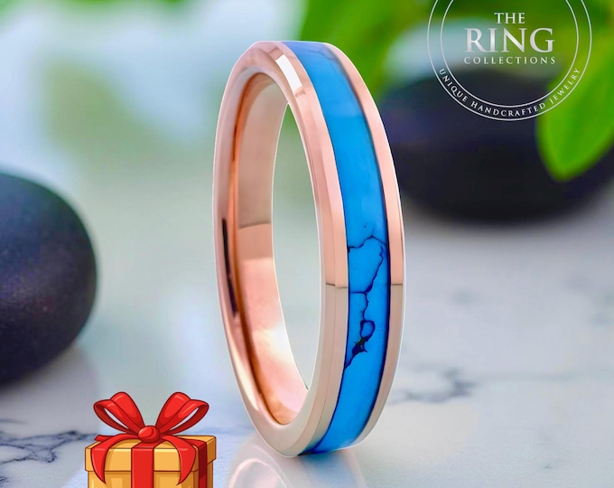 Thin Rose Gold Tungsten Ring with Turquoise Inlay, Womens Wedding Band, Christmas Gift for Her