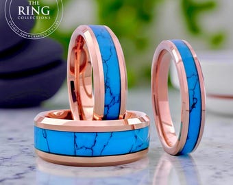Rose Gold and Turquoise Tungsten Ring Wedding Band for Men Women, Available in 4MM 6MM 8MM, Sizes 4 to 15 (half sizes available).