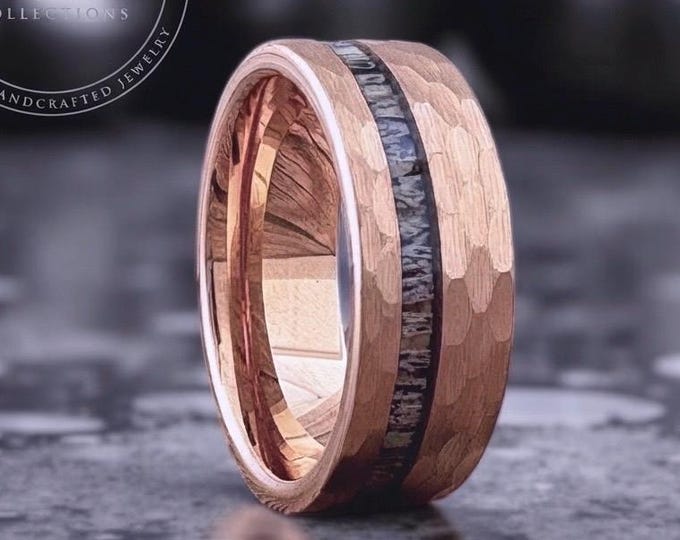 Hammered Rose Gold Wedding Band with Deer Antler Inlay Men Women Tungsten Ring