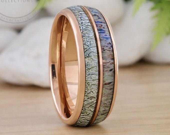 Deer Antler Meteorite Rose Gold Tungsten Band Ring for Men Women, Rose Gold Wedding Band, Tungsten Ring Band, Meteorite Deer Antler Inlay
