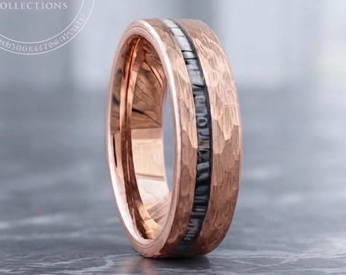 Rose Gold Tungsten Ring, Hammered Deer Antler Wedding Band for Men And Women 6mm 8mm